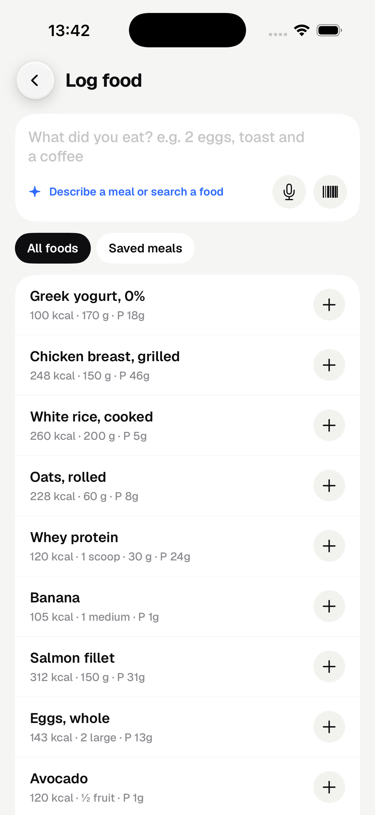 Food logging screen with food search, barcode scanning, and saved meals.