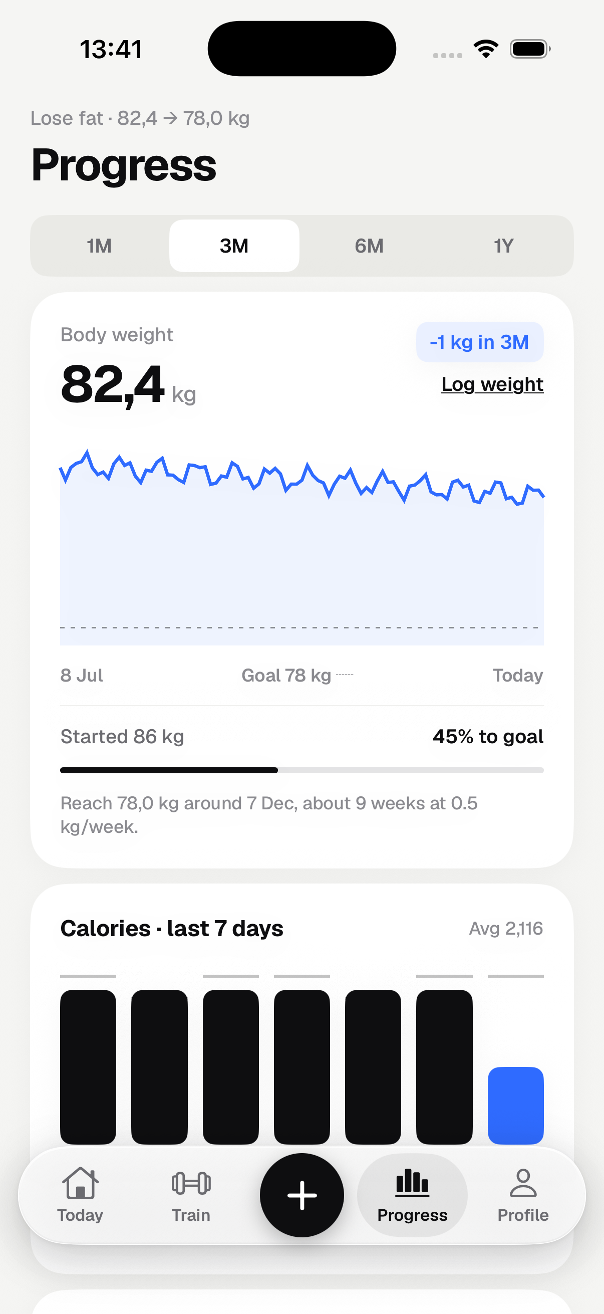 Progress screen showing a sample body-weight trend and a week of calorie logs.