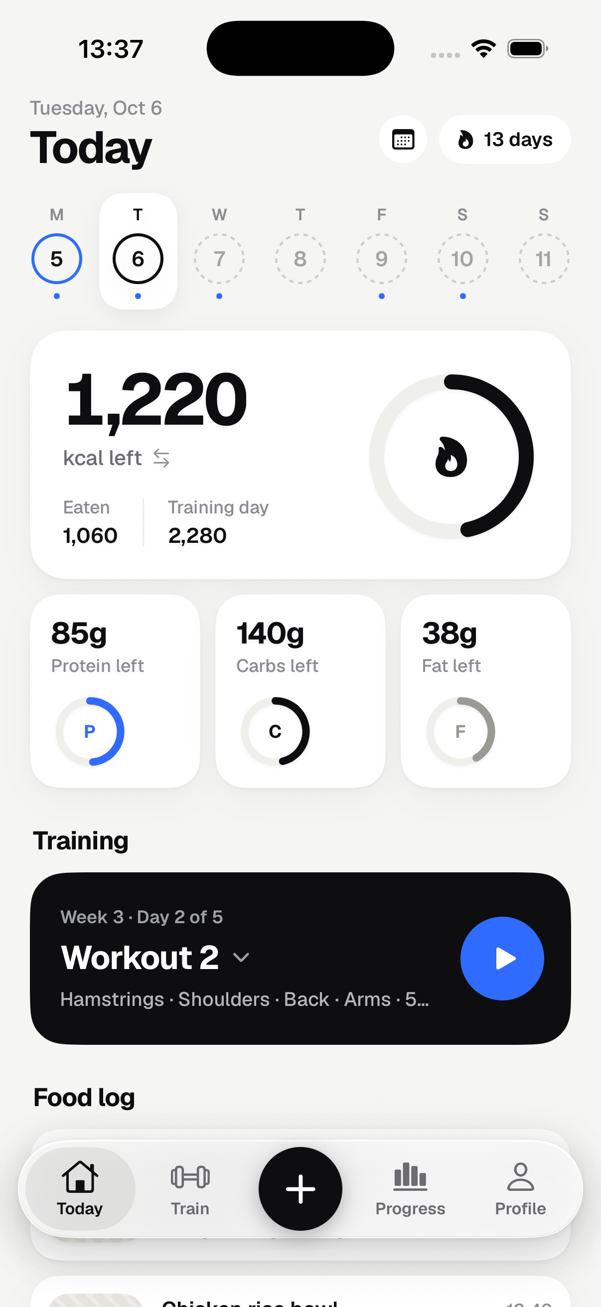 Calift Today screen with calorie and macro targets alongside the day's workout.